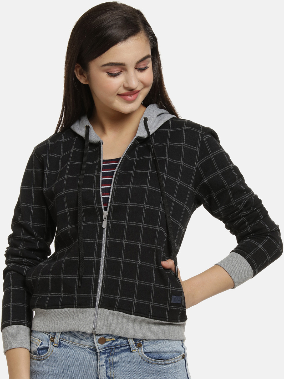 Campus Sutra Women Grey Checked Windcheater Jacket