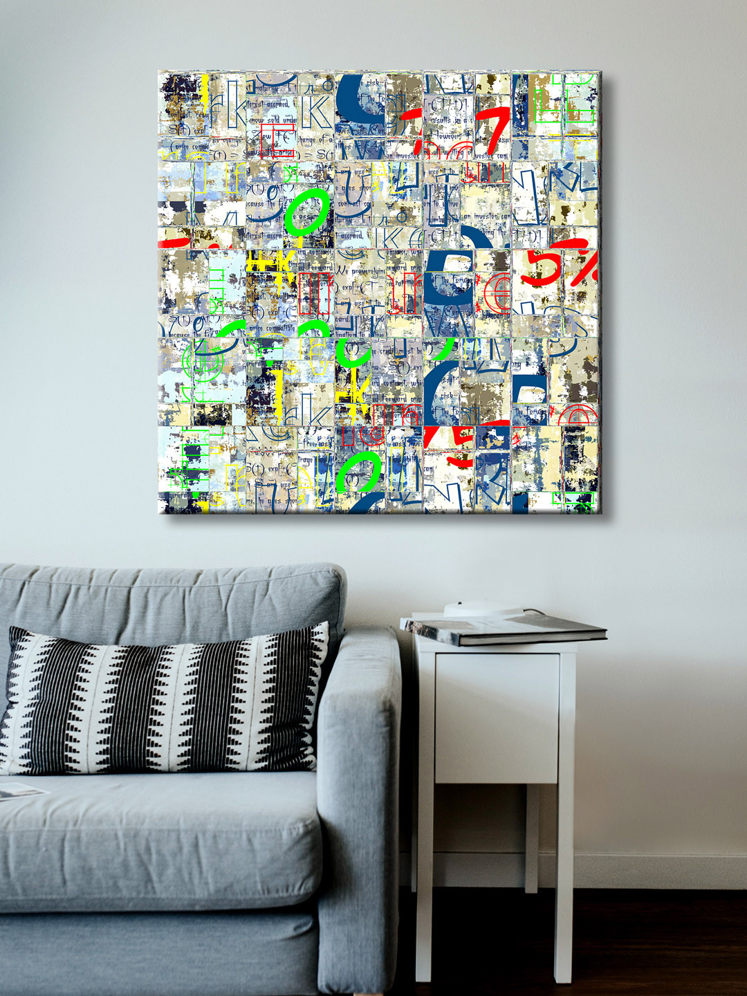 999Store Grey, Red & Green Hand-Painted Abstract Wall Painting