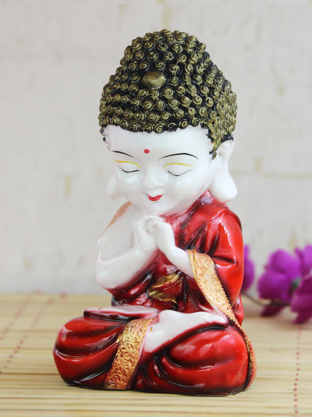 eCraftIndia Praying Monk Buddha Red Polyresin Natural Living Room Medium Showpiece - 3.1 Inches