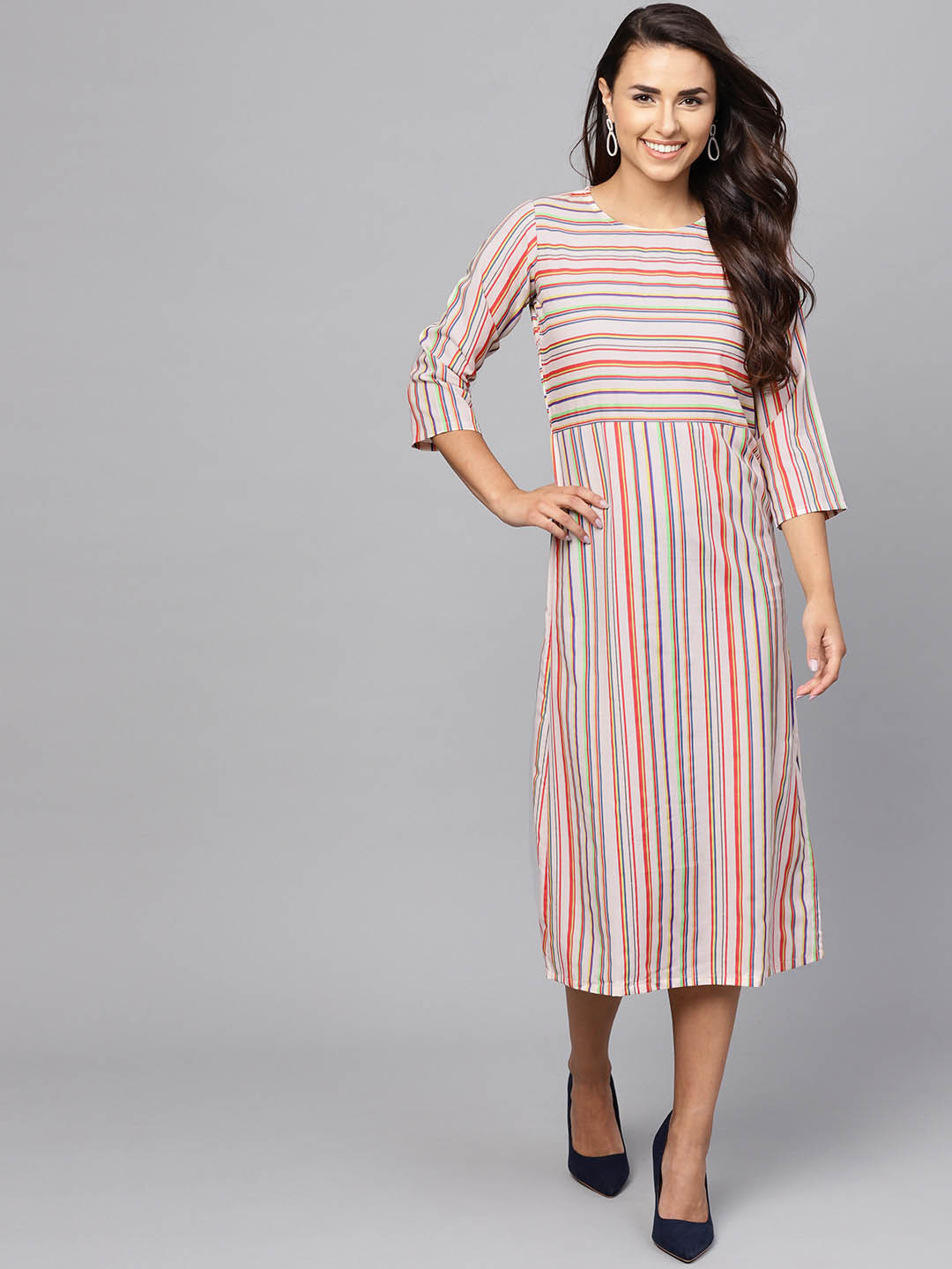 Indo Era Women Cream-Coloured Candy Striped A-Line Dress