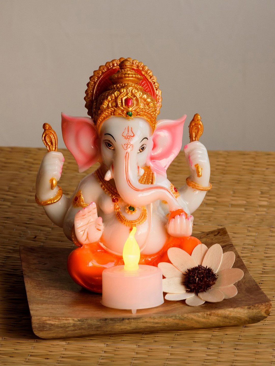 eCraftIndia Chaturbhuj Lord Ganesha White Polyresin Glossy Prayer Room Small Showpiece - 6 Inches