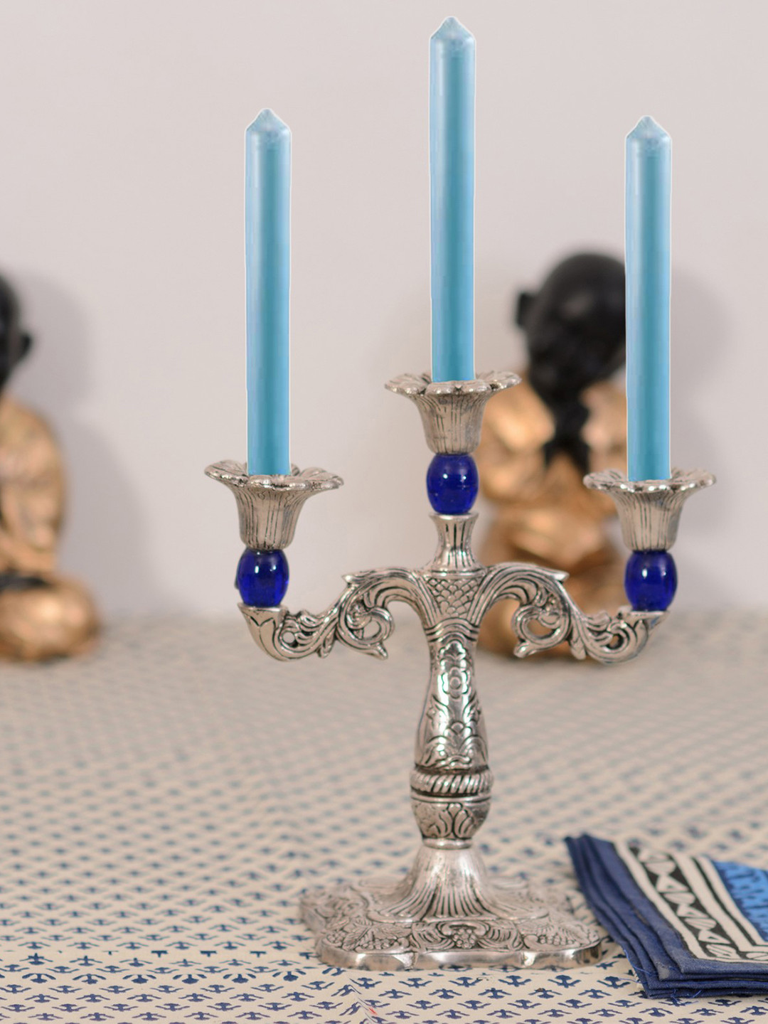 eCraftIndia Silver-Toned & Royal Blue Decorative Handcrafted Candle Stand