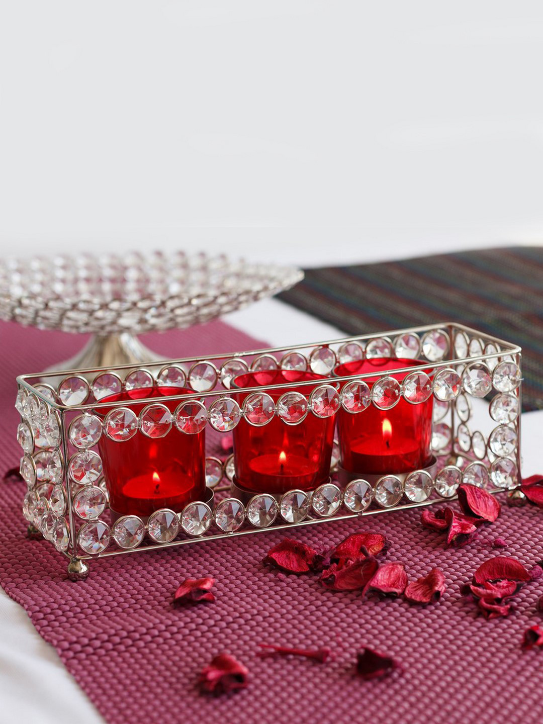 eCraftIndia White & Red Glimmery Rectangle Shape Crystal Triple Tea Light Candle Holder