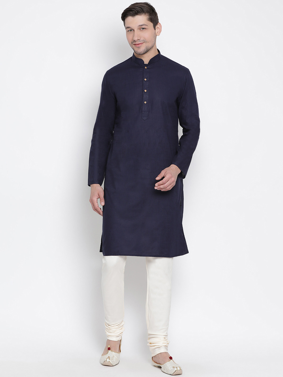 VASTRAMAY Men Navy Blue & Cream-Coloured Solid Kurta with Pyjamas