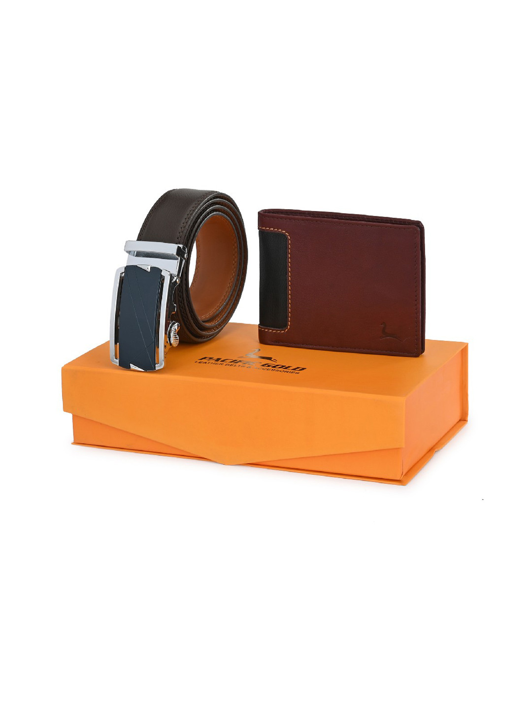 Pacific Gold Men Coffee Brown & Maroon Belt & Wallet Accessory Gift Set