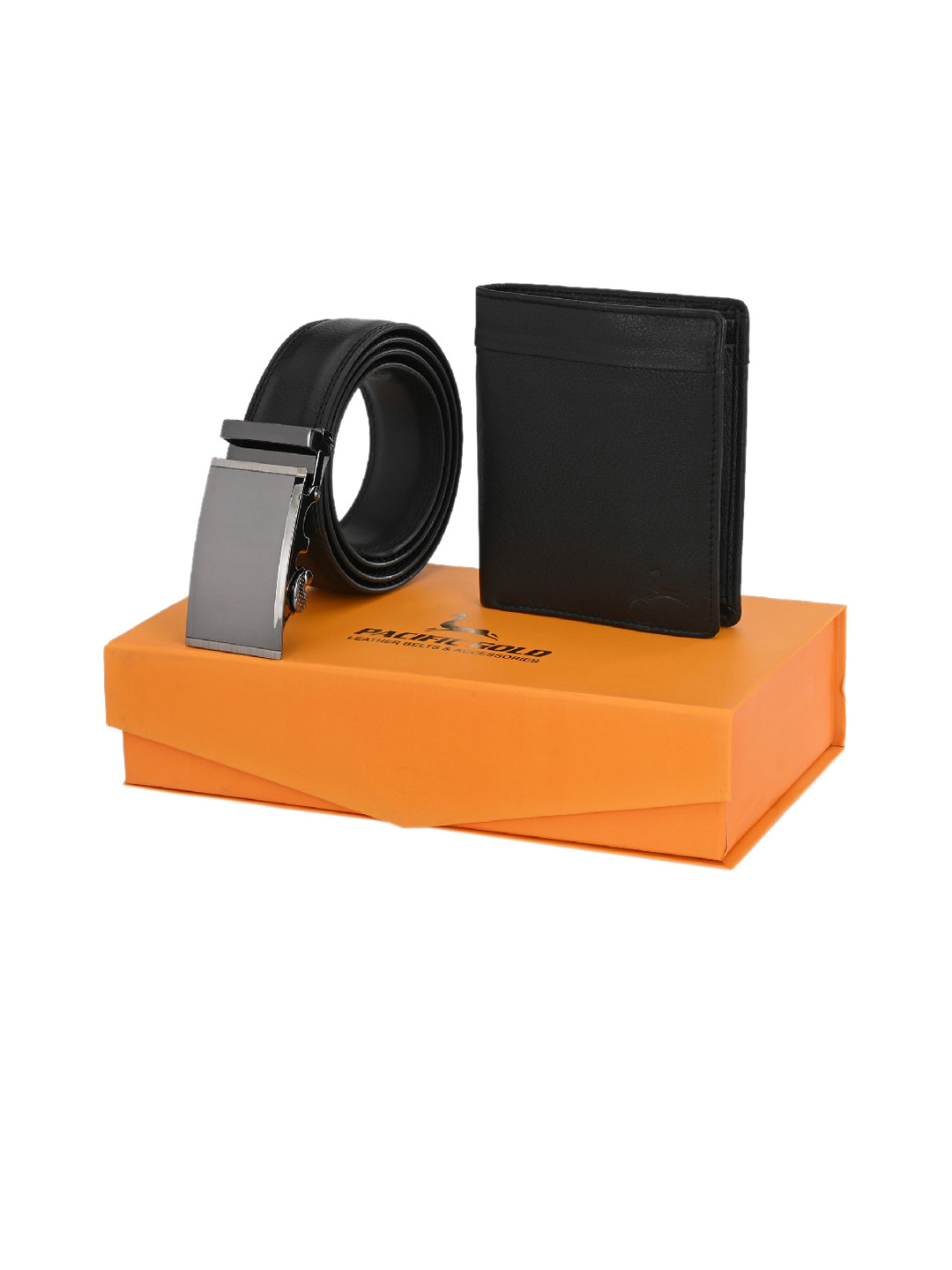 Pacific Gold Men Black Belt & Wallet Accessory Gift Set