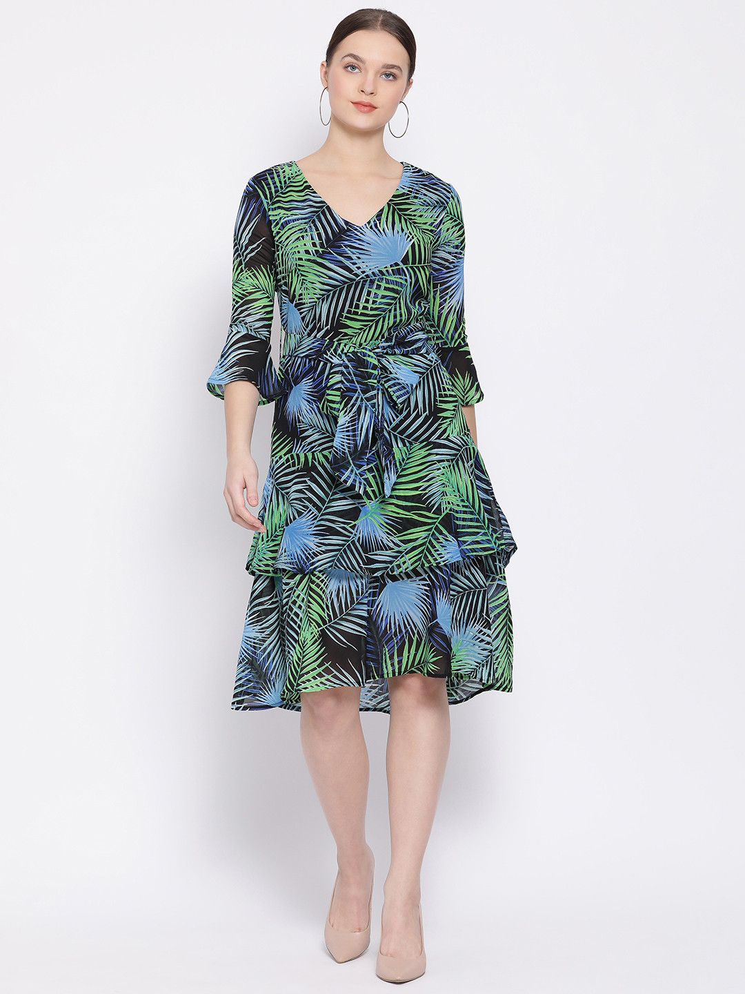 Oxolloxo Women Black Tropical Printed Fit and Flare Dress
