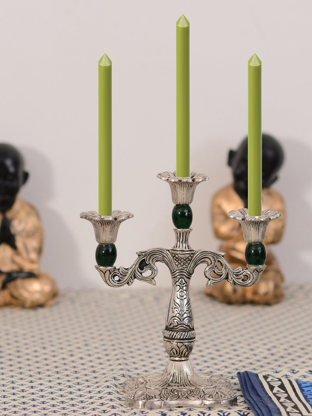 eCraftIndia Silver-Toned & Green Decorative Green Handcrafted Candle stand