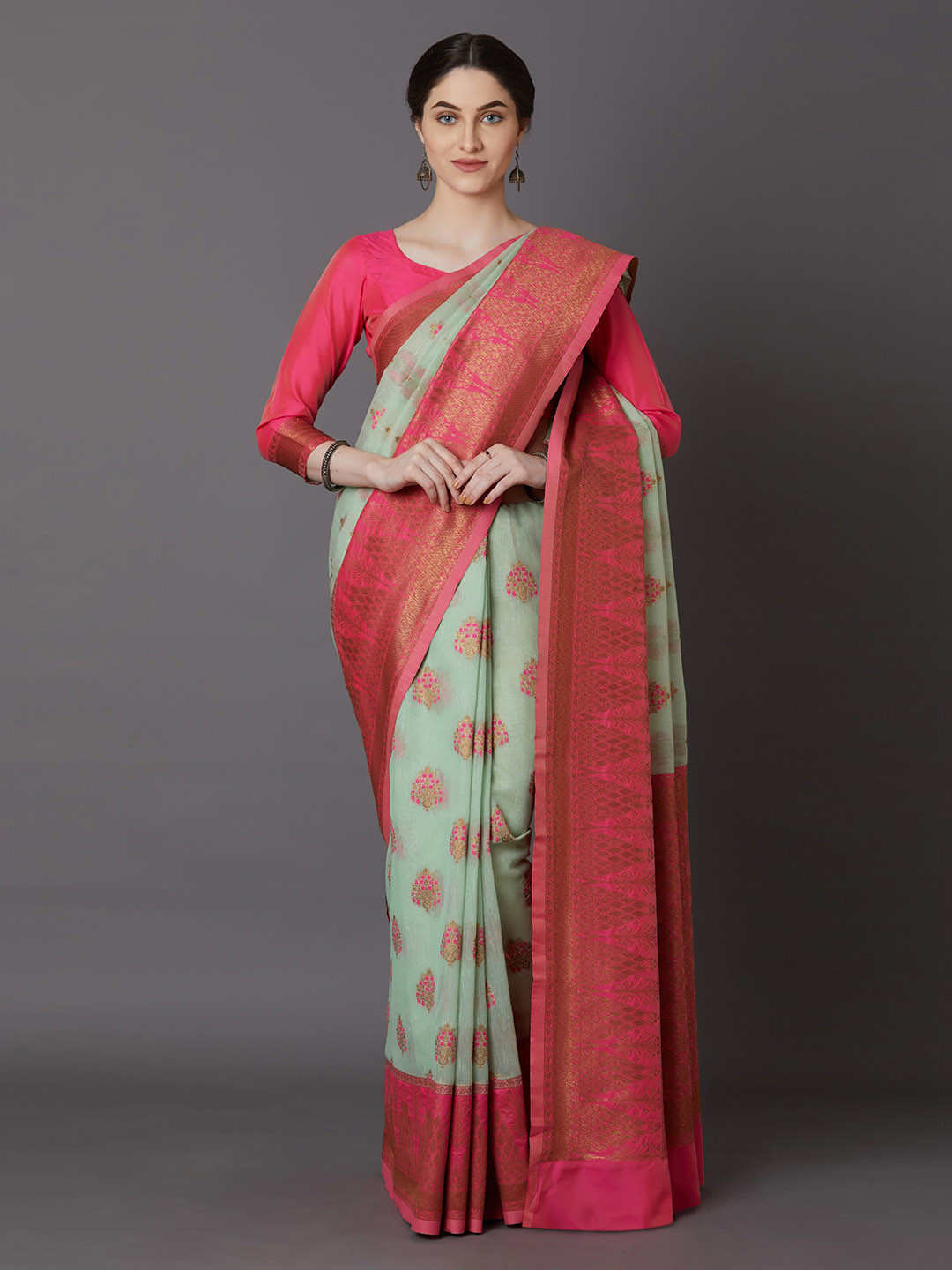 Mitera Sea Green & Pink Silk Blend Woven Design Banarasi Saree
