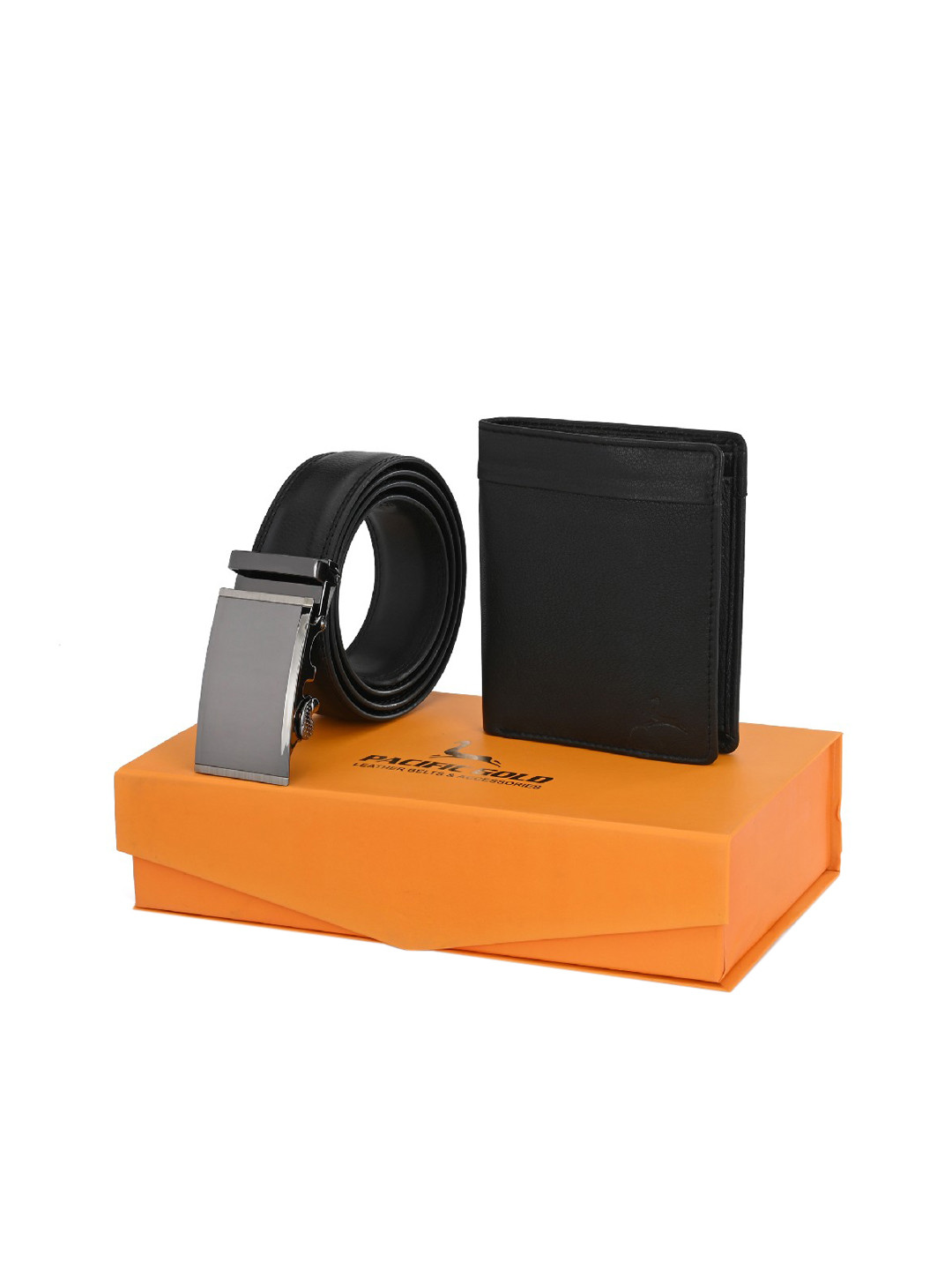 Pacific Gold Men Black Belt & Wallet Accessory Gift Set