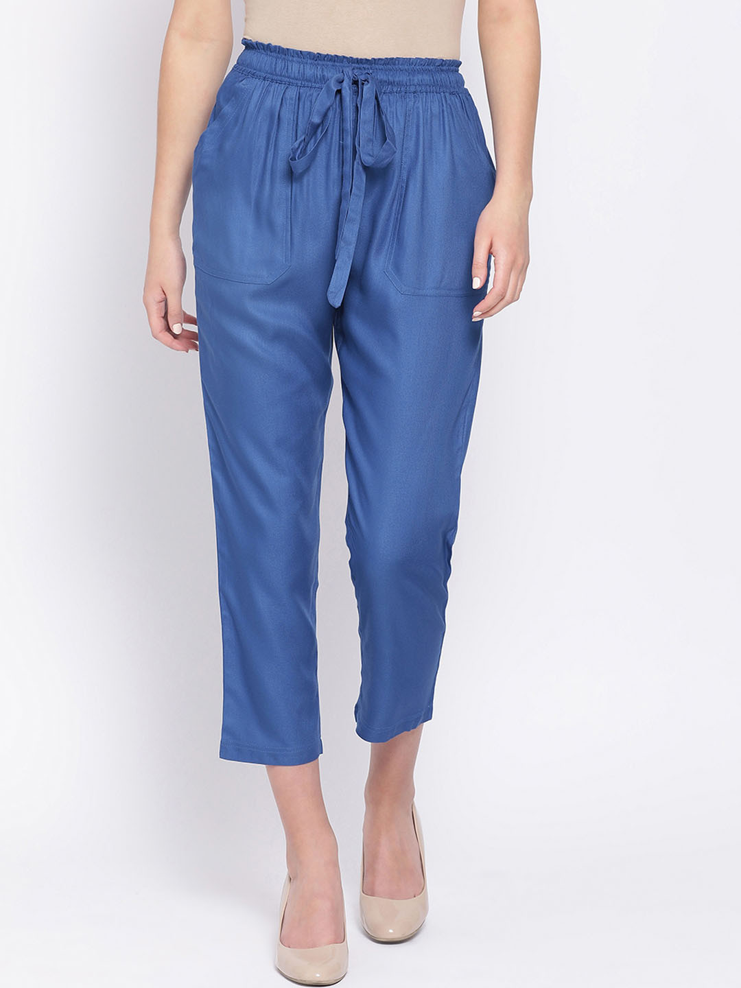Oxolloxo Women Blue Regular Fit Solid Peg Trousers