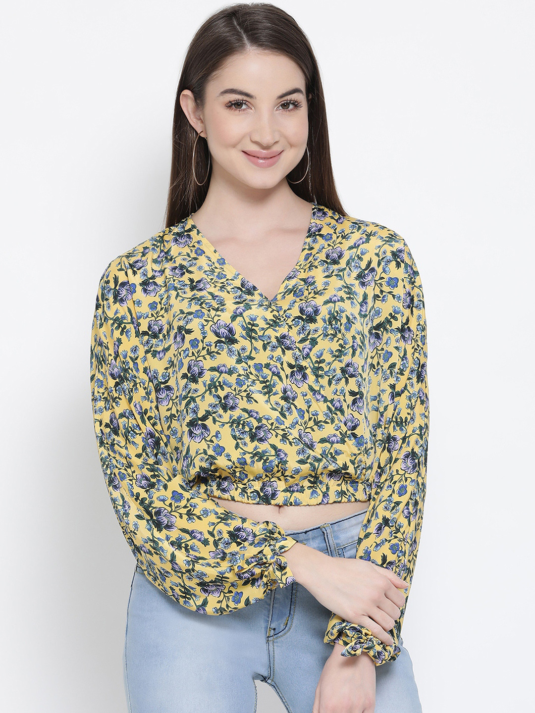 Oxolloxo Women Yellow Floral Print Blouson Top
