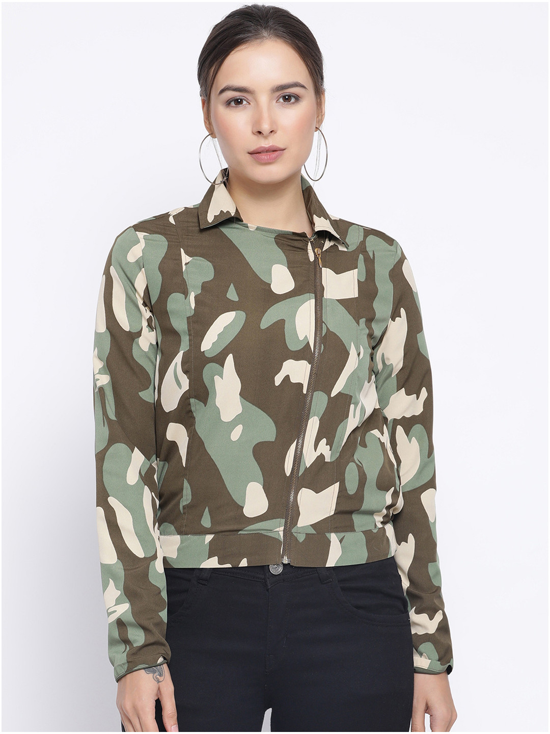 Oxolloxo Women Khaki Printed Tailored Jacket