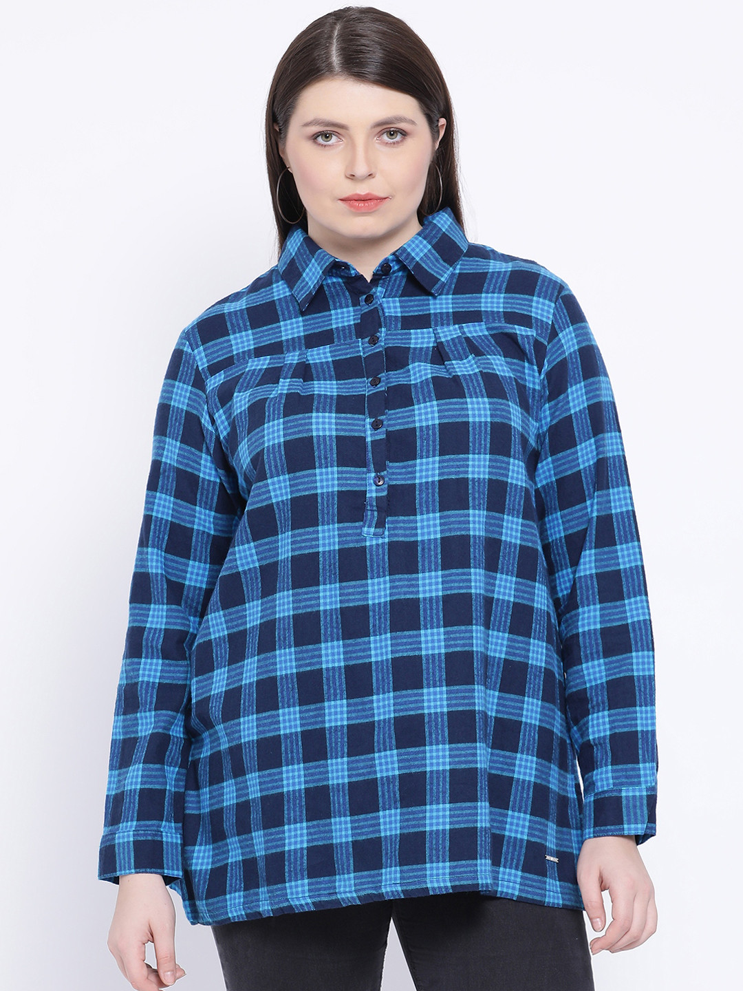 Oxolloxo Women Blue Checked Shirt Style Top