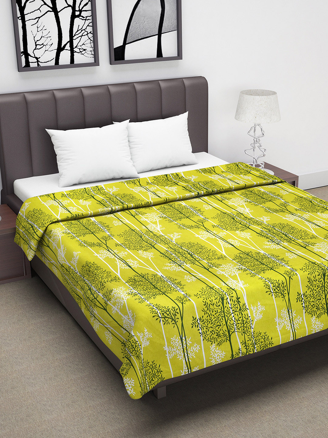 Divine Casa Yellow & Green Floral AC Room 110 GSM Double Bed Dohar