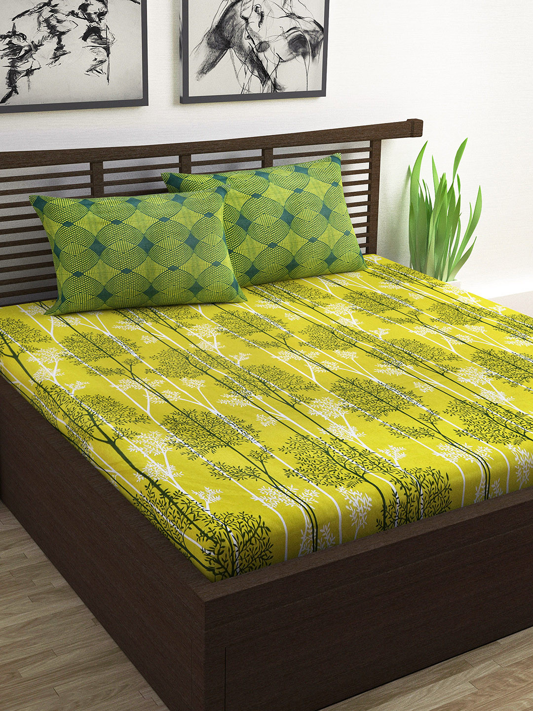 Divine Casa Yellow Floral Cotton 120 TC Queen Bedsheet with 2 Pillow Covers-87 x 94 inches