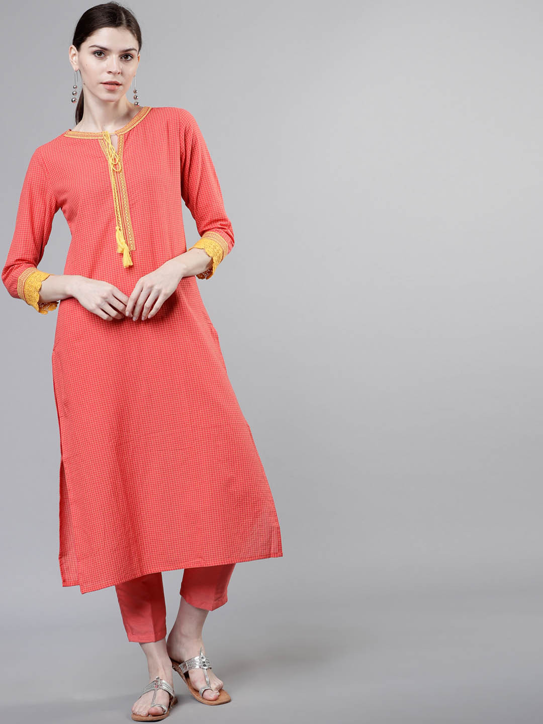 Vishudh Women Coral Layered Checked Straight Kurta