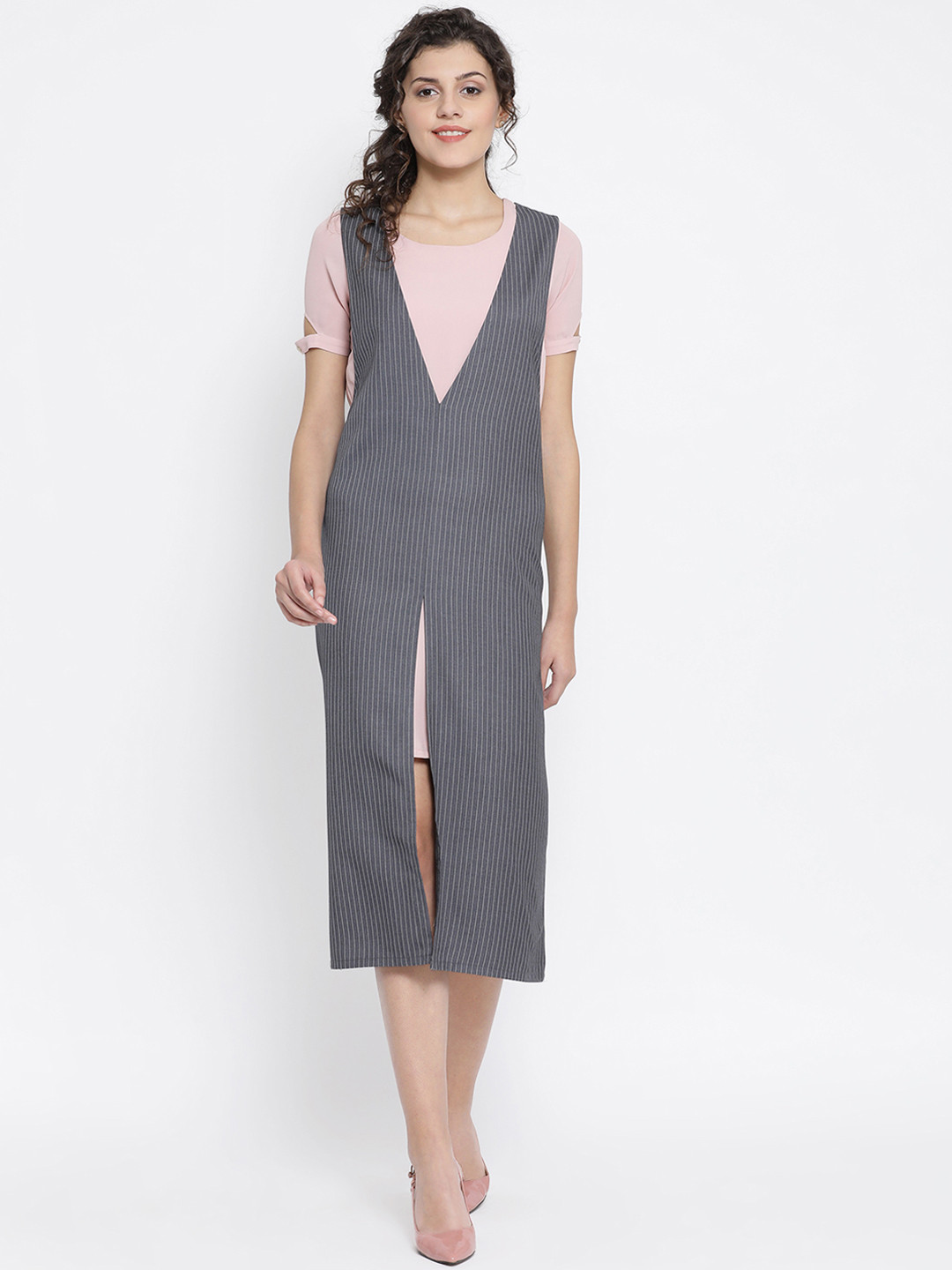 OFFICE & YOU Women Grey & Pink Solid Tunic with Dress