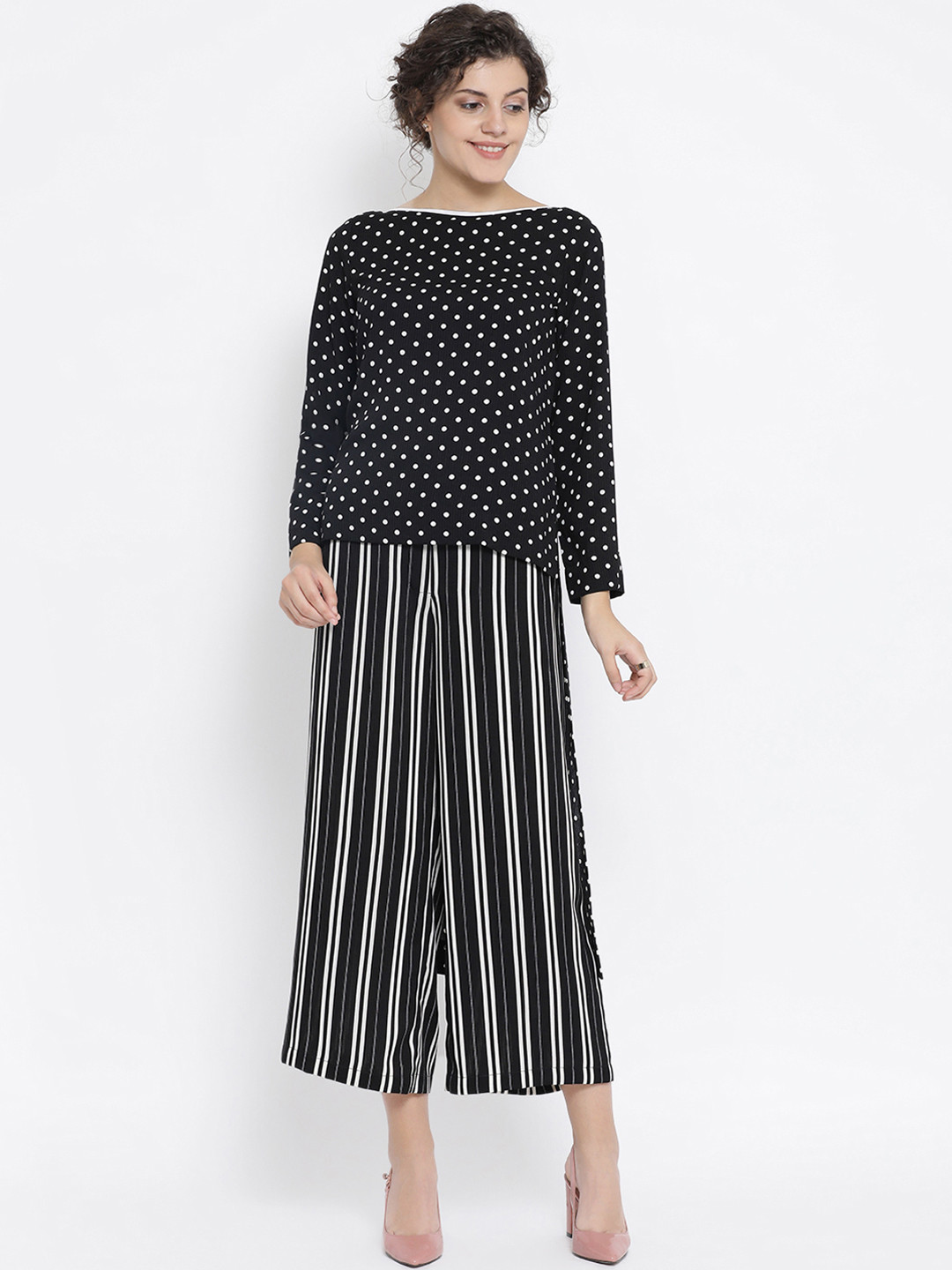OFFICE & YOU Women Black Polka Dot High-Low Top