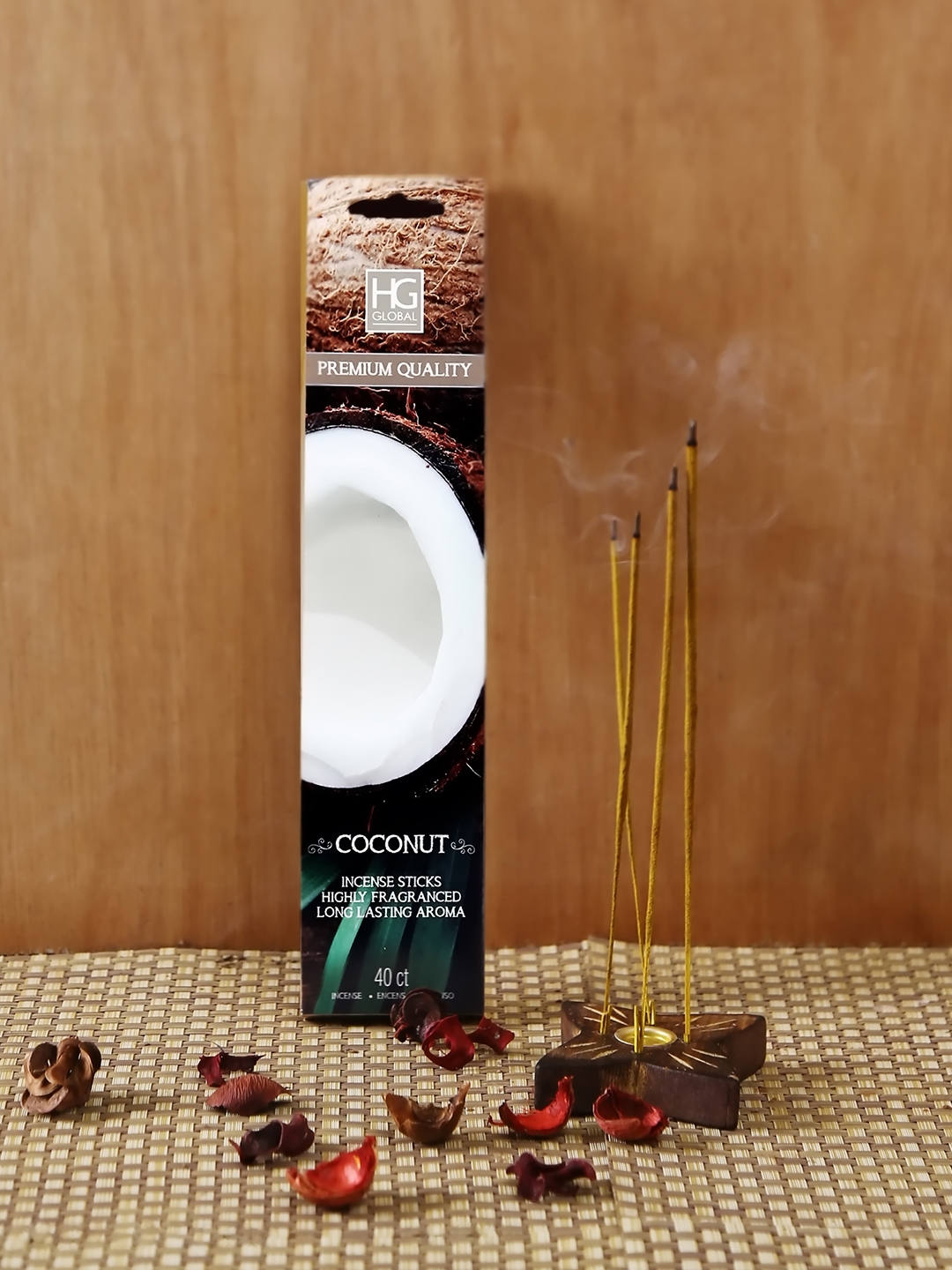 HOSLEY Set of 240 Brown Coconut Scented Incense Sticks with Wooden Holder