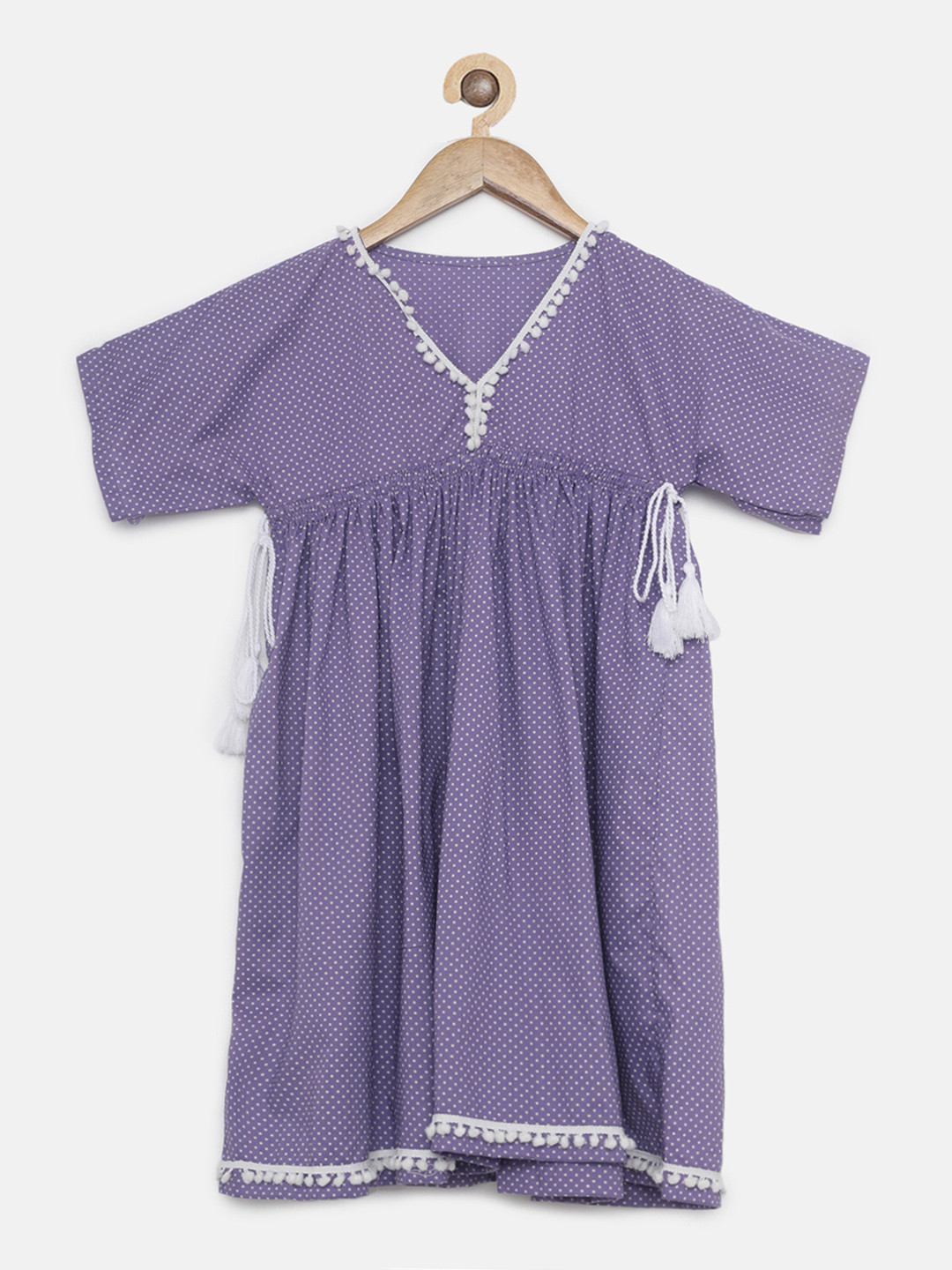 The Kaftan Company Girls Lavender & White Polka Dot Printed Fit and Flare Dress