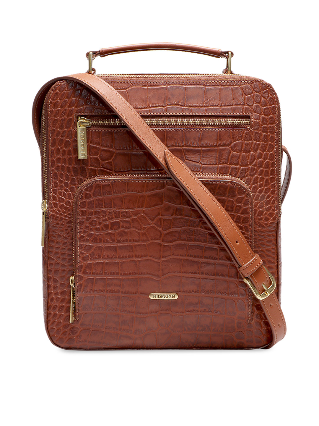 Hidesign Men Tan Brown Crocodile Print Textured Messenger Bag