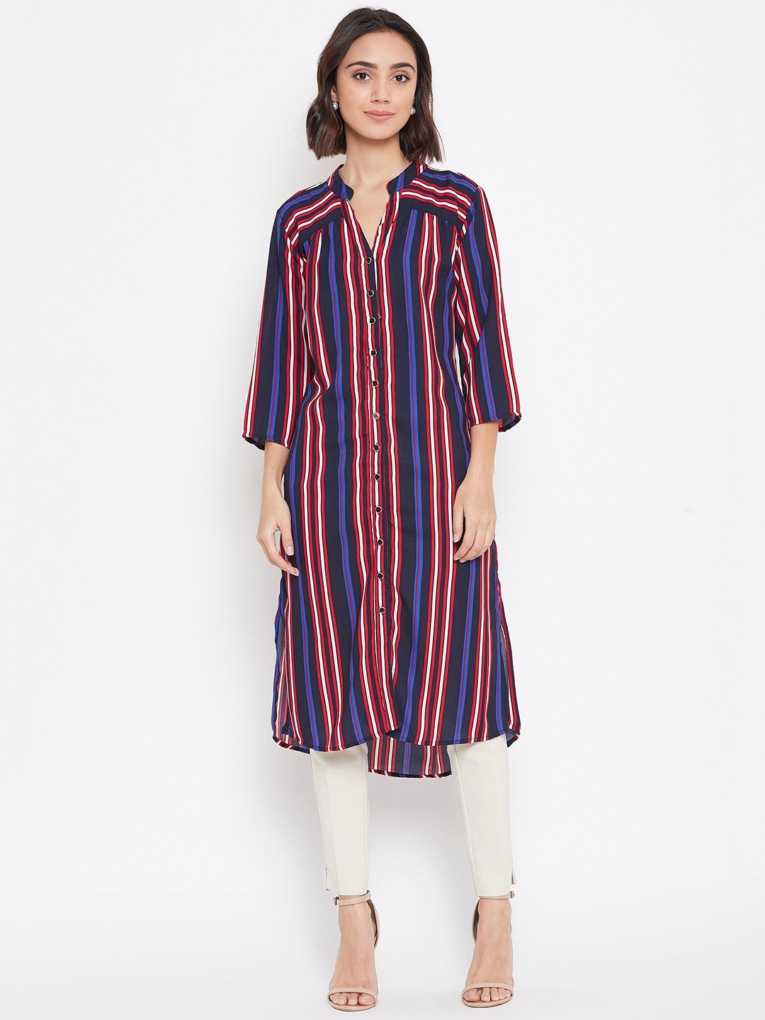 Ruhaans Women Navy Blue & Red Striped A-Line Kurta