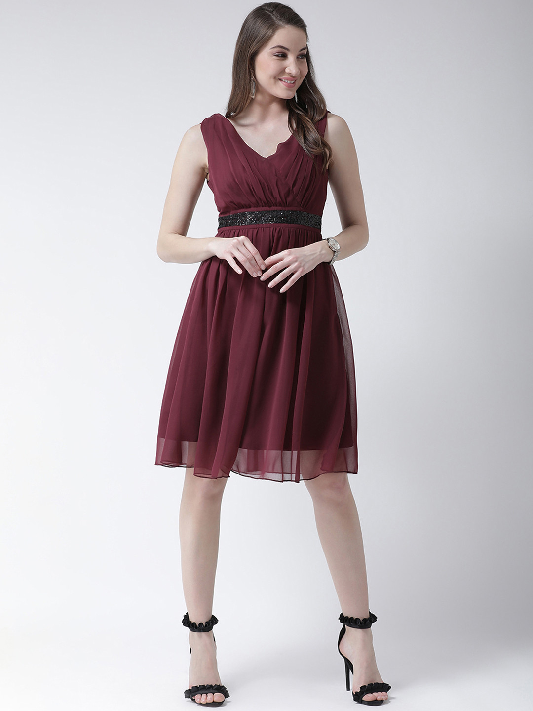 KASSUALLY Women Maroon Pleated Yoke Empire Dress