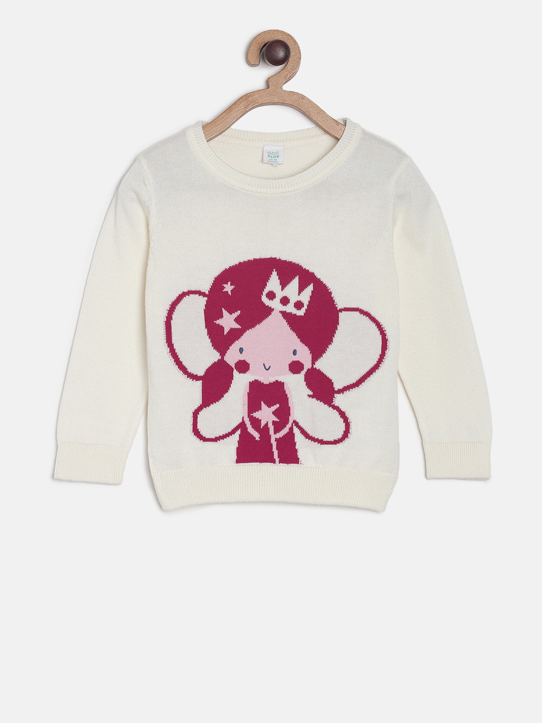 MINI KLUB Girls Off-White & Maroon Self Design Pullover Sweater