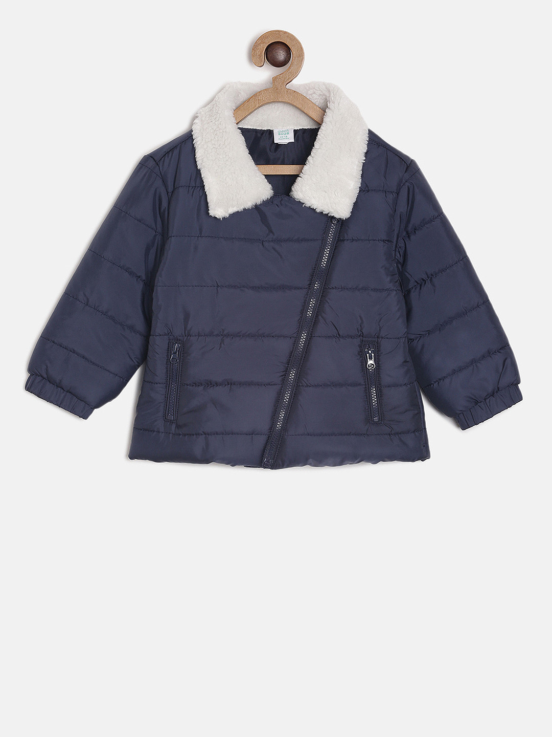 MINI KLUB Boys Navy Blue Solid Padded Faux Fur Trim Jacket