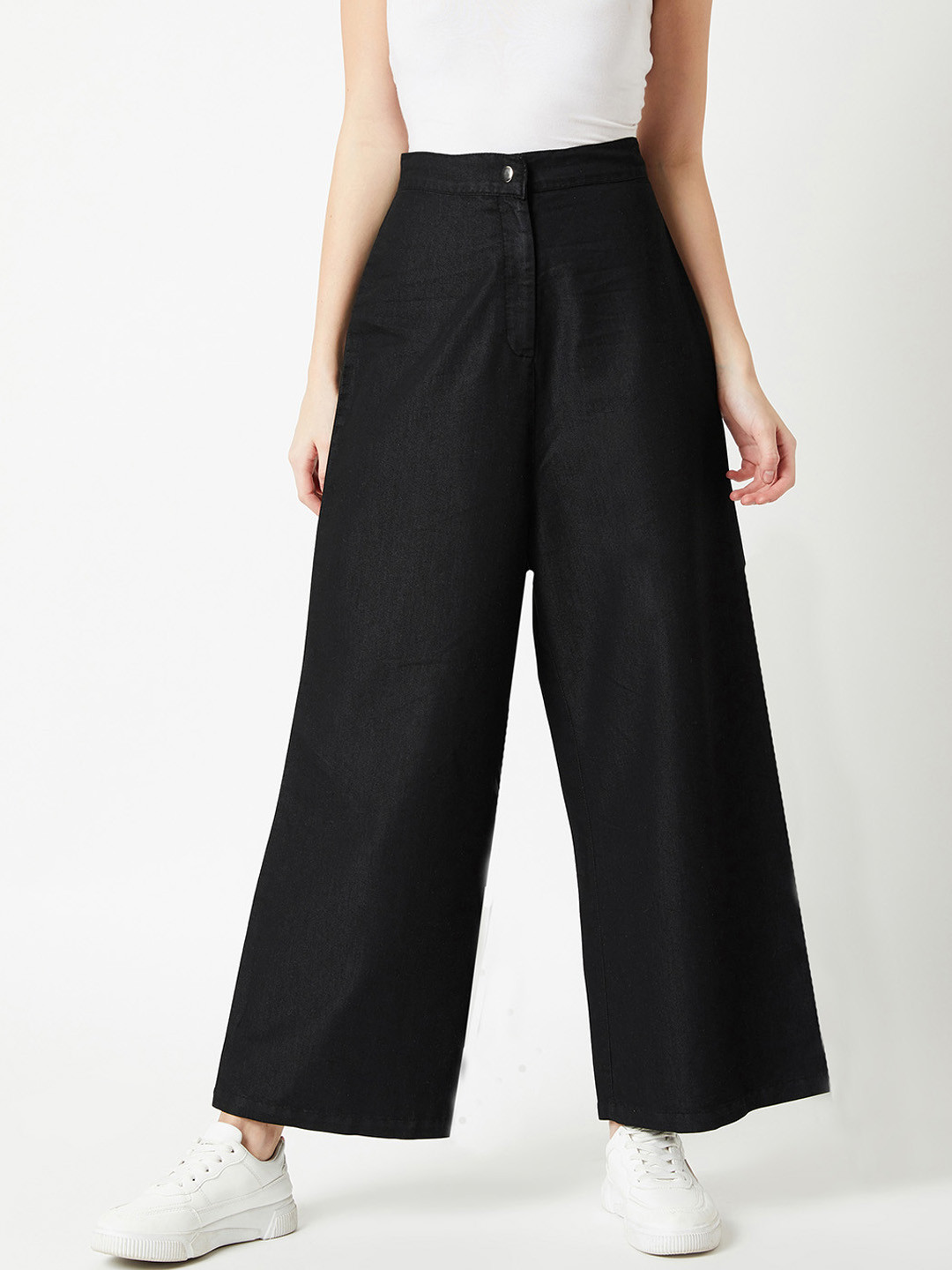 Miss Chase Women's Black Wide-Leg High Rise Clean Look Regular Light Weight Denim Pants