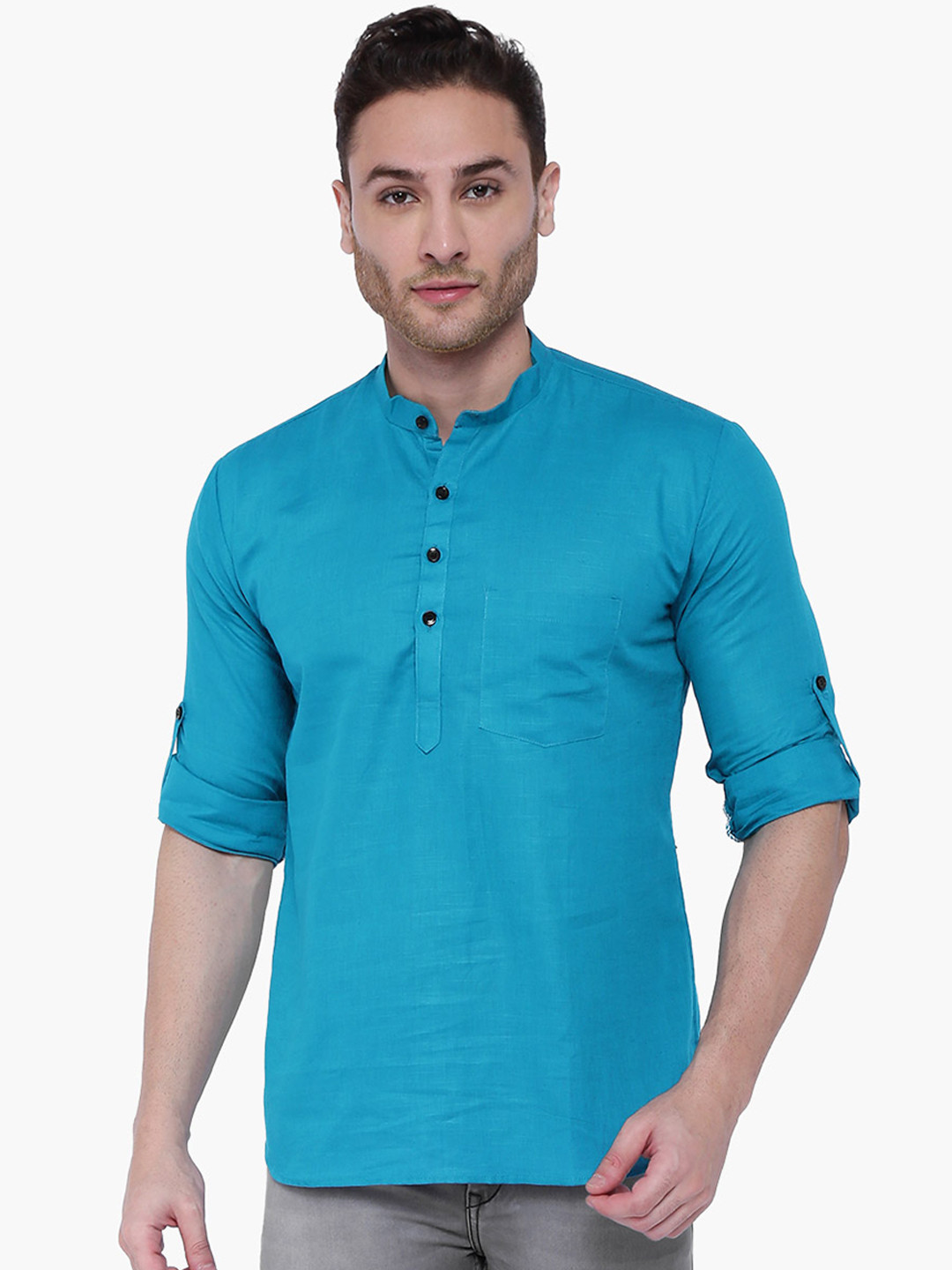 RAJUBHAI HARGOVINDAS Men Teal Blue Solid Straight Kurta