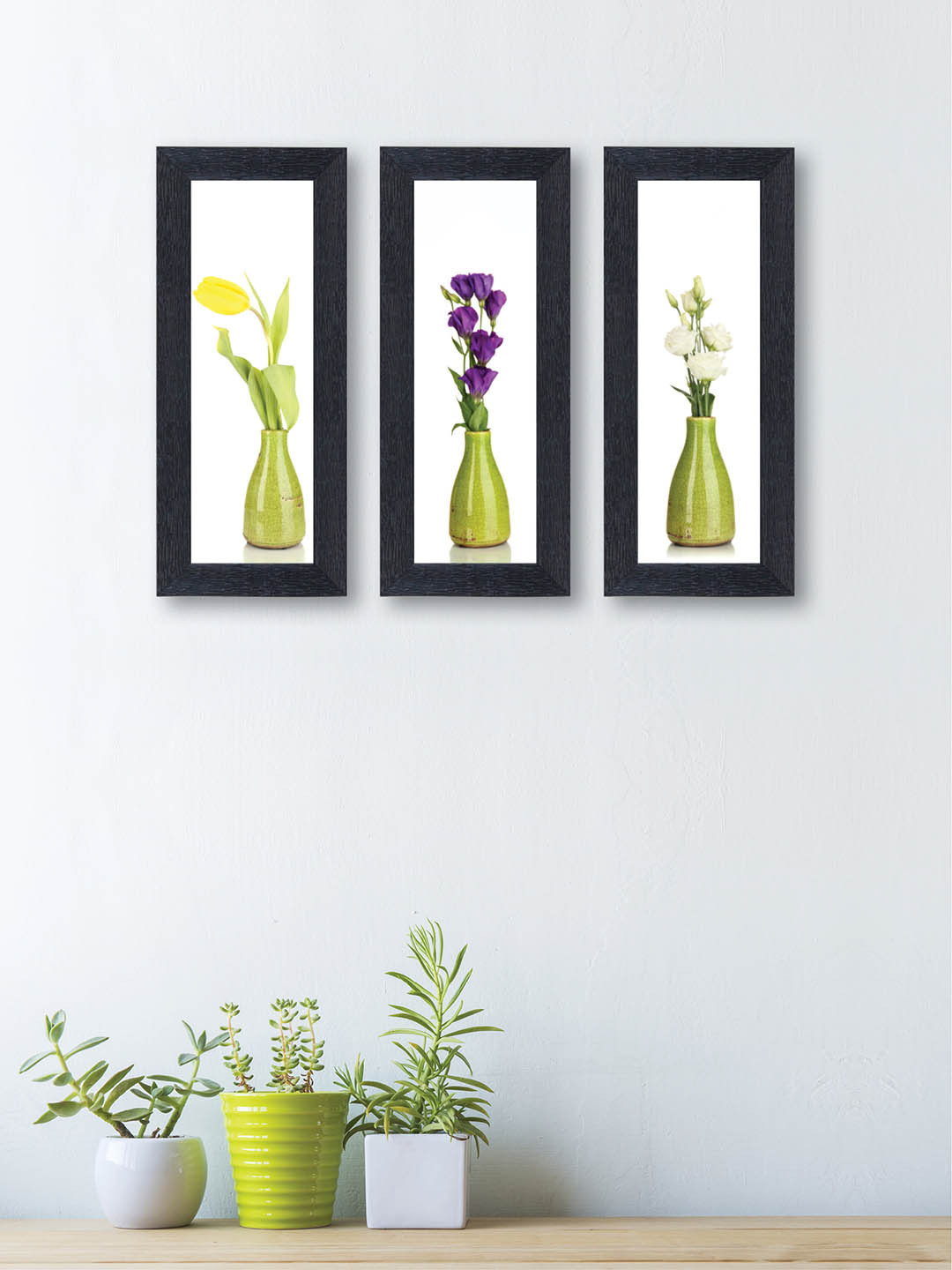 nest ART Set of 3 Green & White Flowers Synthetic Wood Wall Art