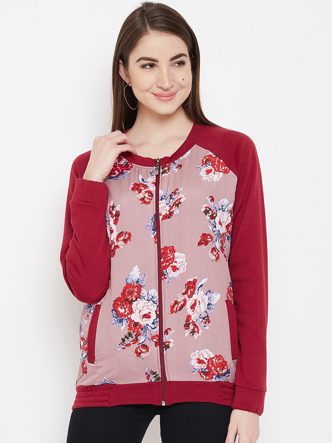 PURYS Women Maroon Printed Bomber Jacket