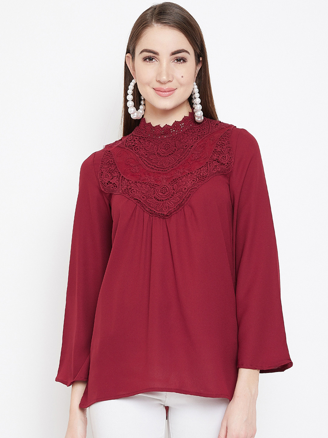 PURYS Women Maroon Self Design Top