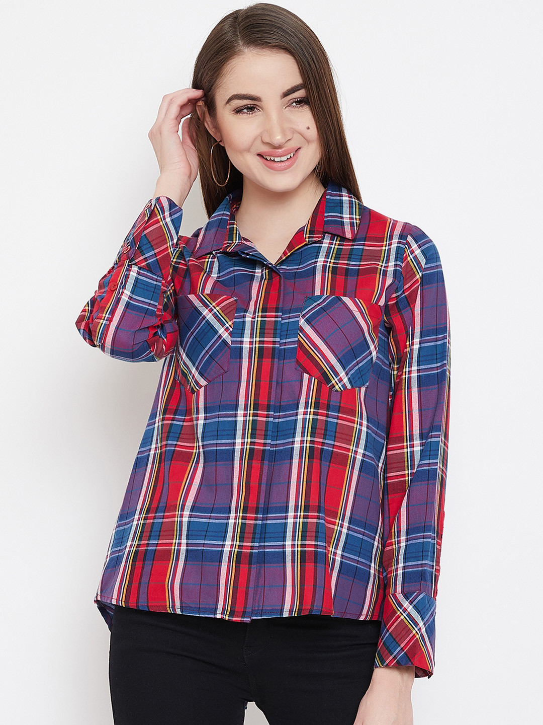 PURYS Women Red & Blue Regular Fit Checked Casual Shirt