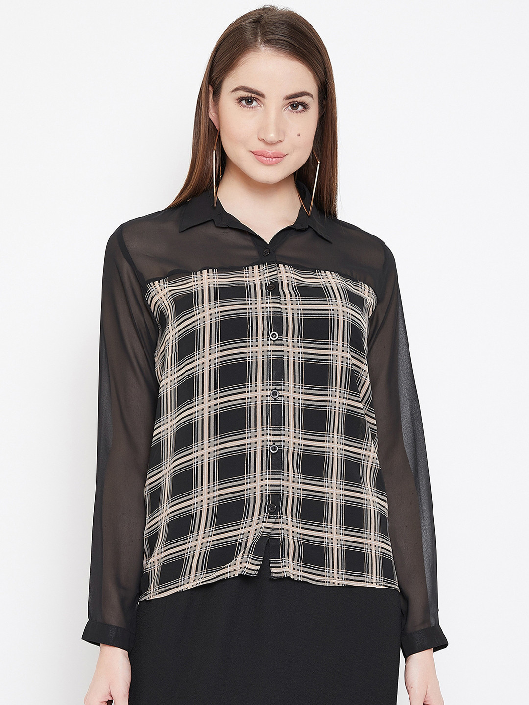 PURYS Women Black & Beige Smart Regular Fit Checked Casual Shirt