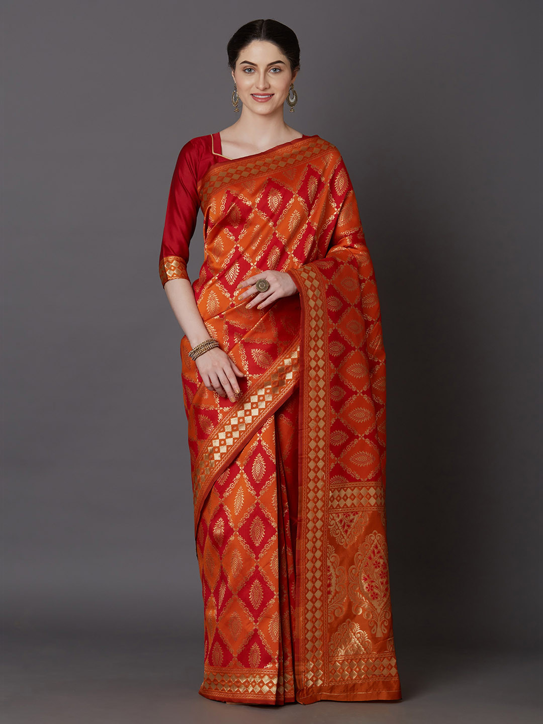 Mitera Orange Silk Blend Woven Design Kanjeevaram Saree