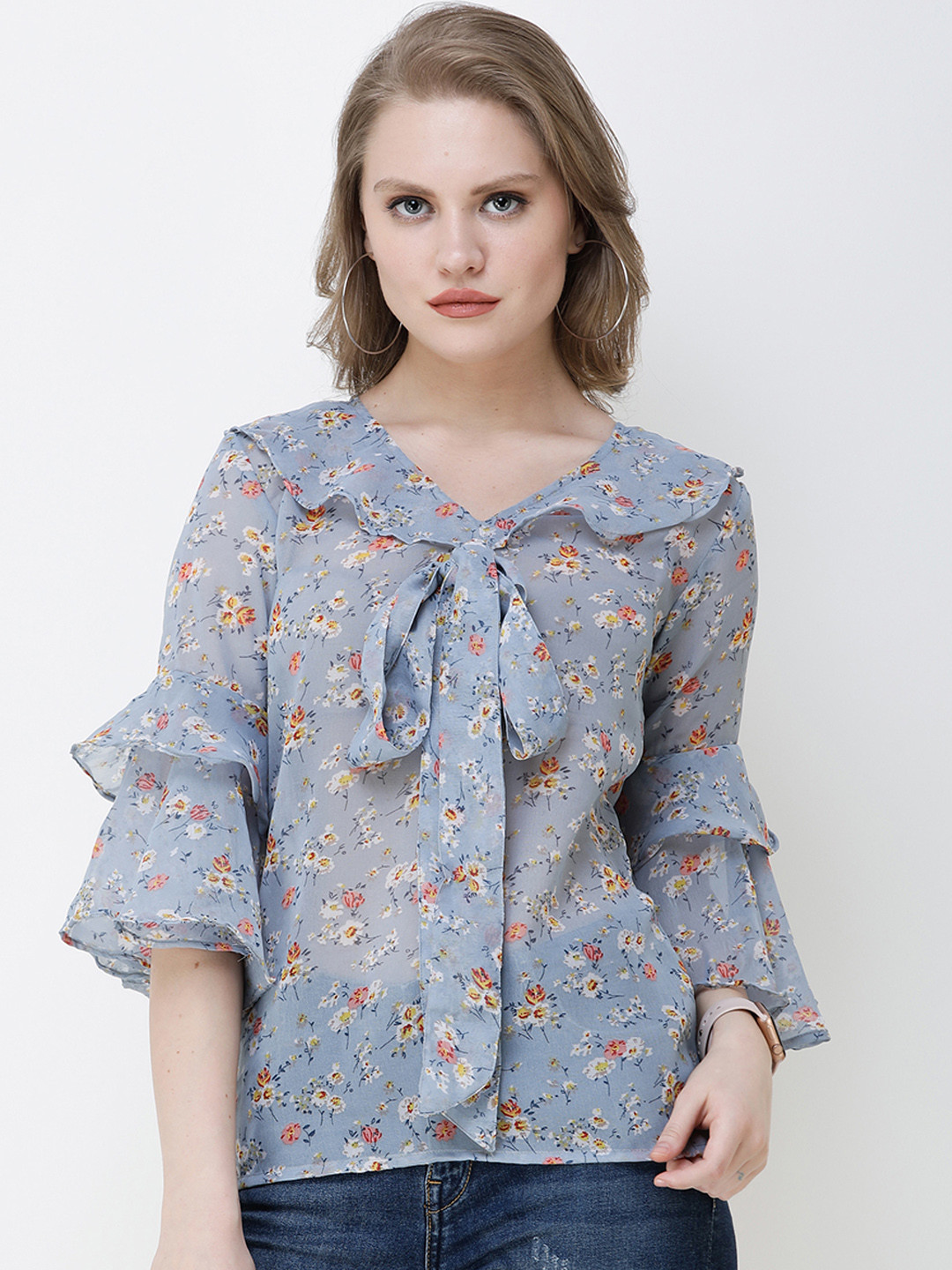 Cation Women Blue & White Floral Printed Top