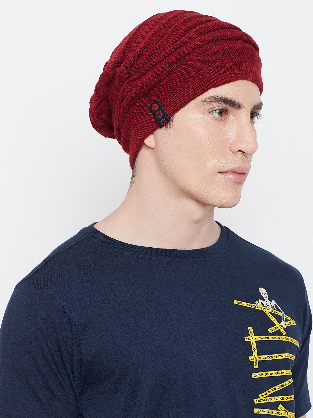 PUNK Men Maroon Striped Beanie