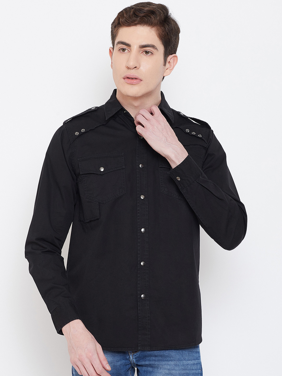 PUNK Men Black Regular Fit Solid Casual Shirt