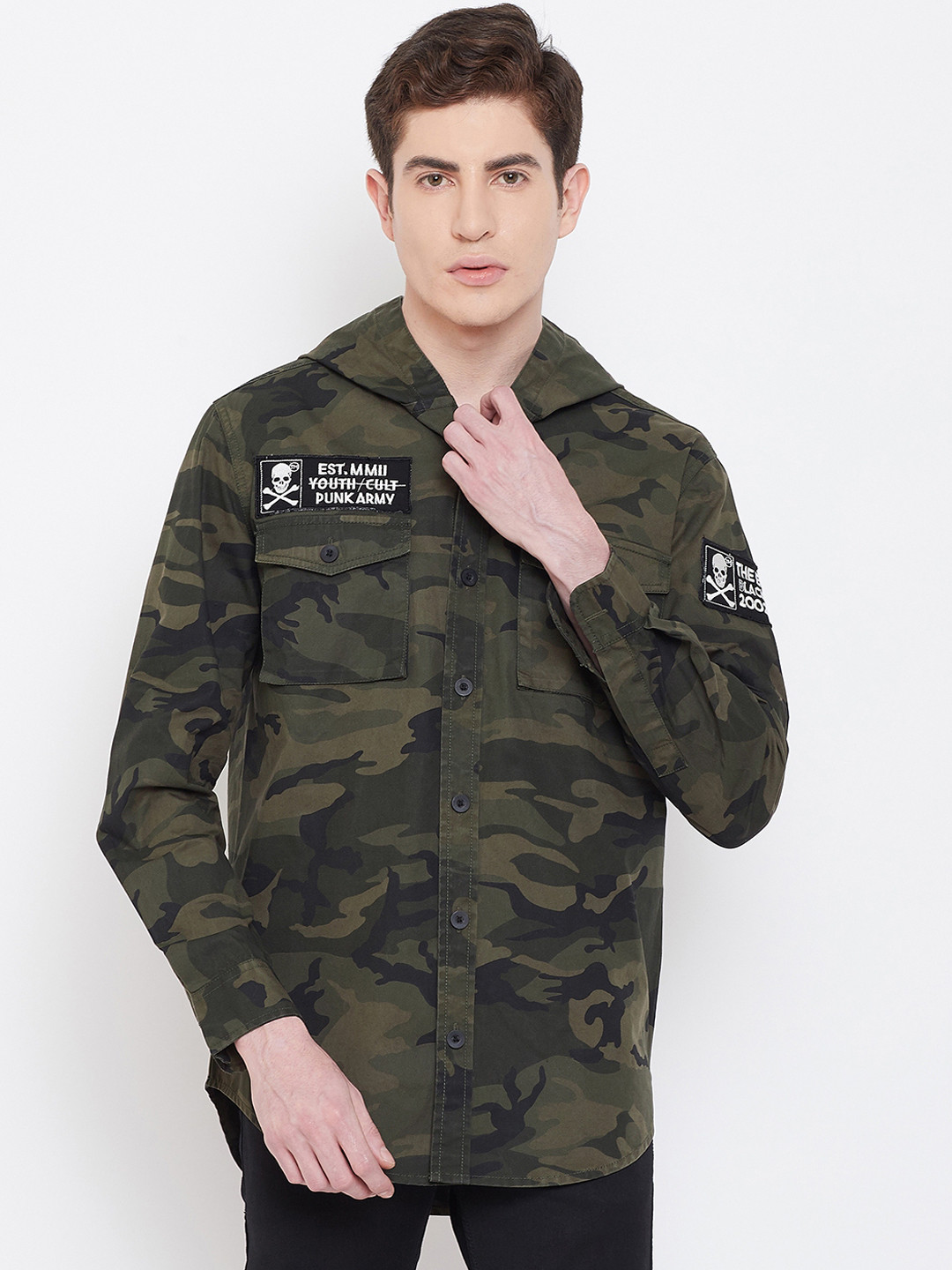 PUNK Men Olive Green & Khaki Regular Fit Camouflage Printed Casual Shacket