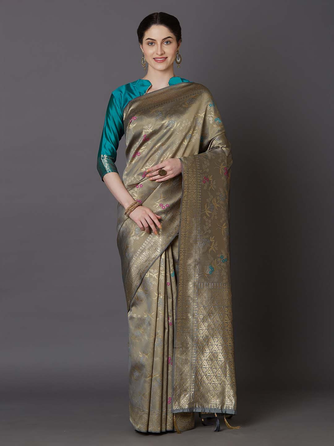 Mitera Grey Silk Blend Woven Design Kanjeevaram Saree