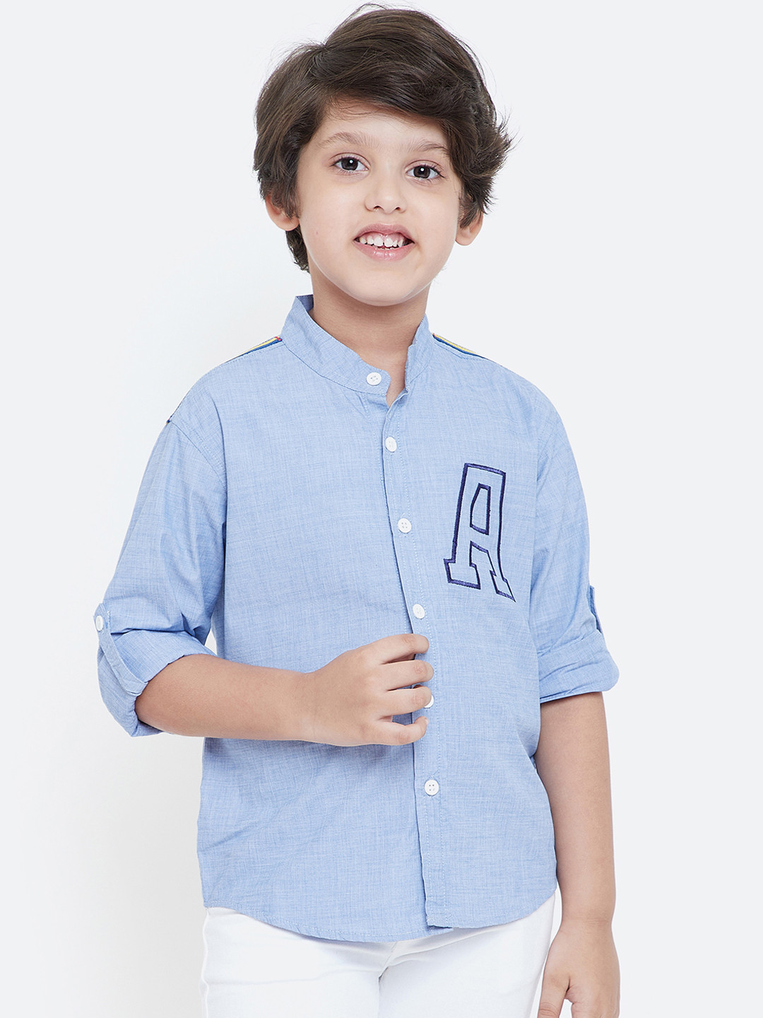 KIDKLO Boys Blue Regular Fit Embroidered Casual Shirt