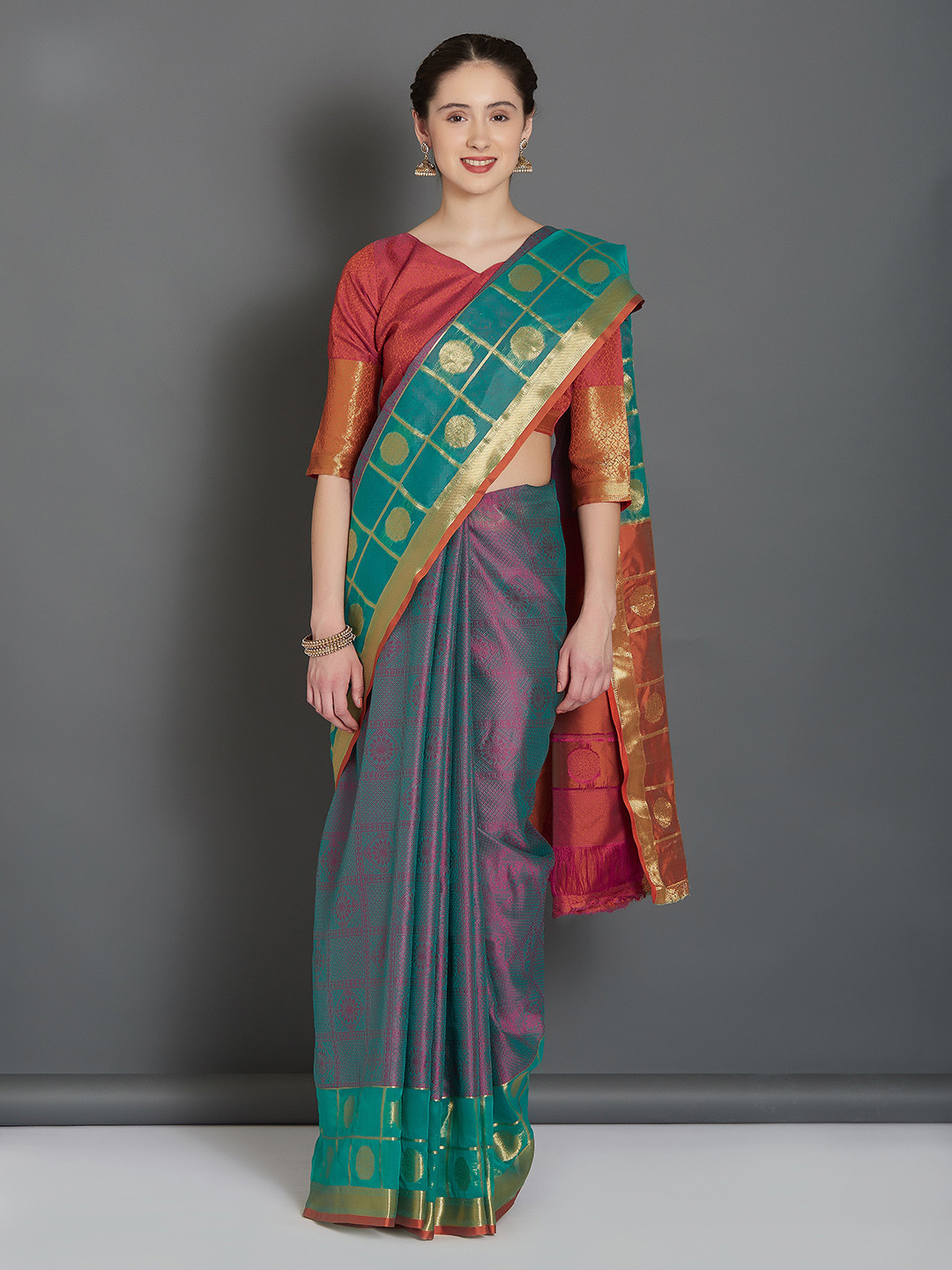 Mitera Teal Blue & Gold-Coloured Silk Blend Woven Design Banarasi Saree