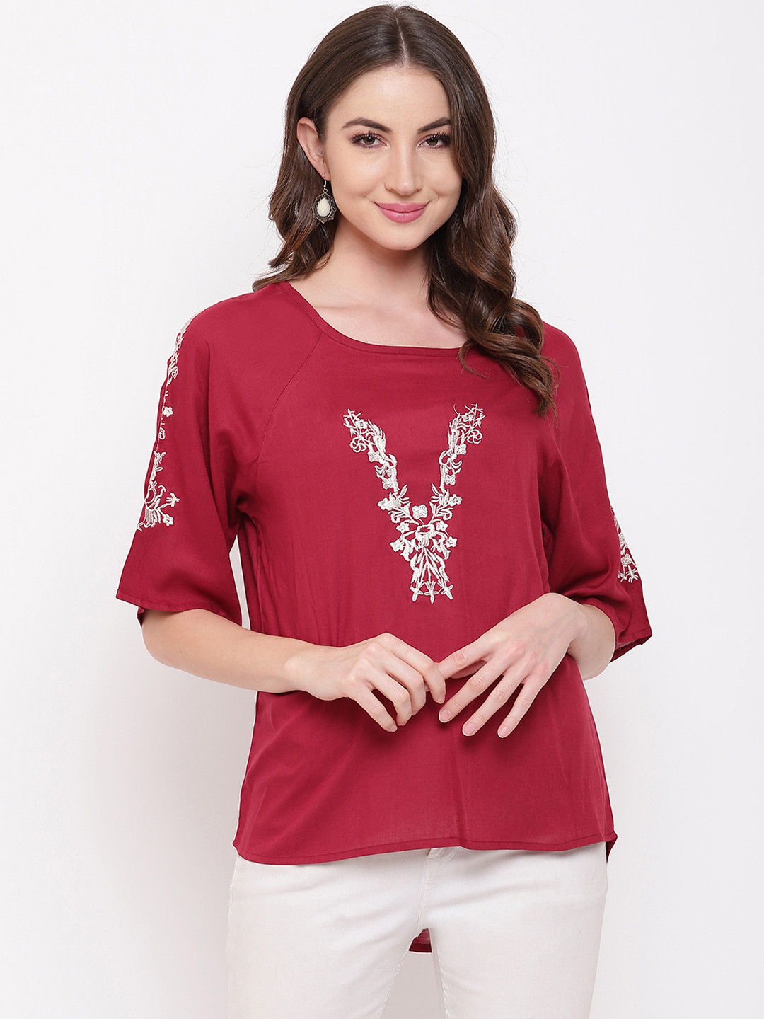 Mayra Women Maroon Embroidered High-Low Top