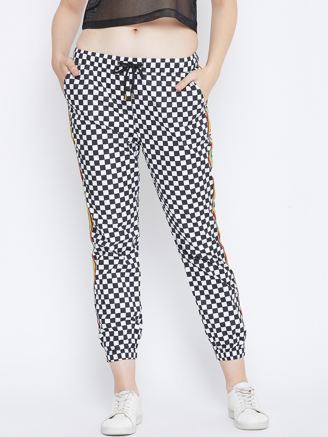 PUNK Women Black & White Regular Fit Checked Joggers