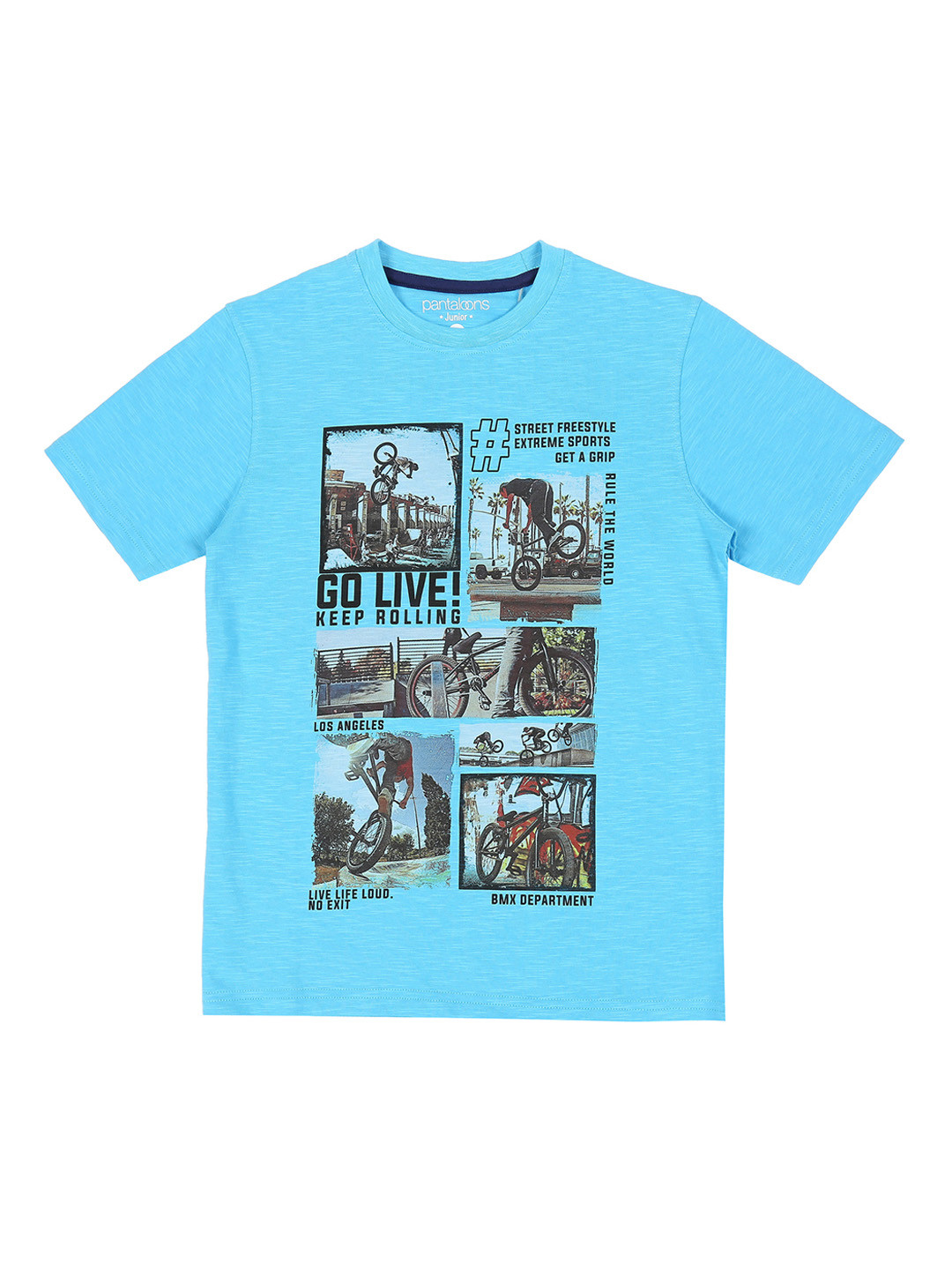 Pantaloons Junior Boys Turquoise Blue Printed Round Neck Pure Cotton T-shirt