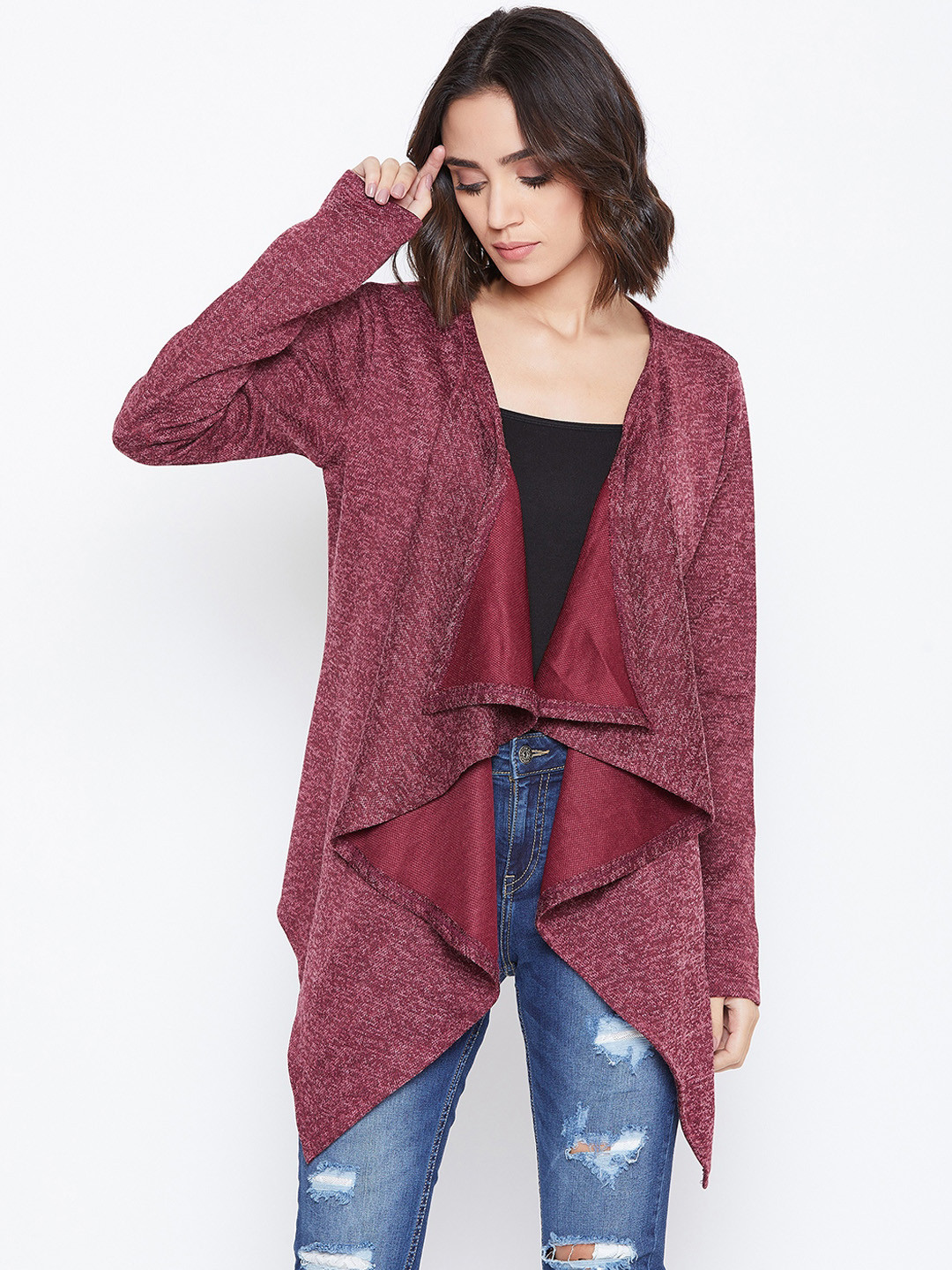 Zastraa Women Rust Solid Waterfall Shrug