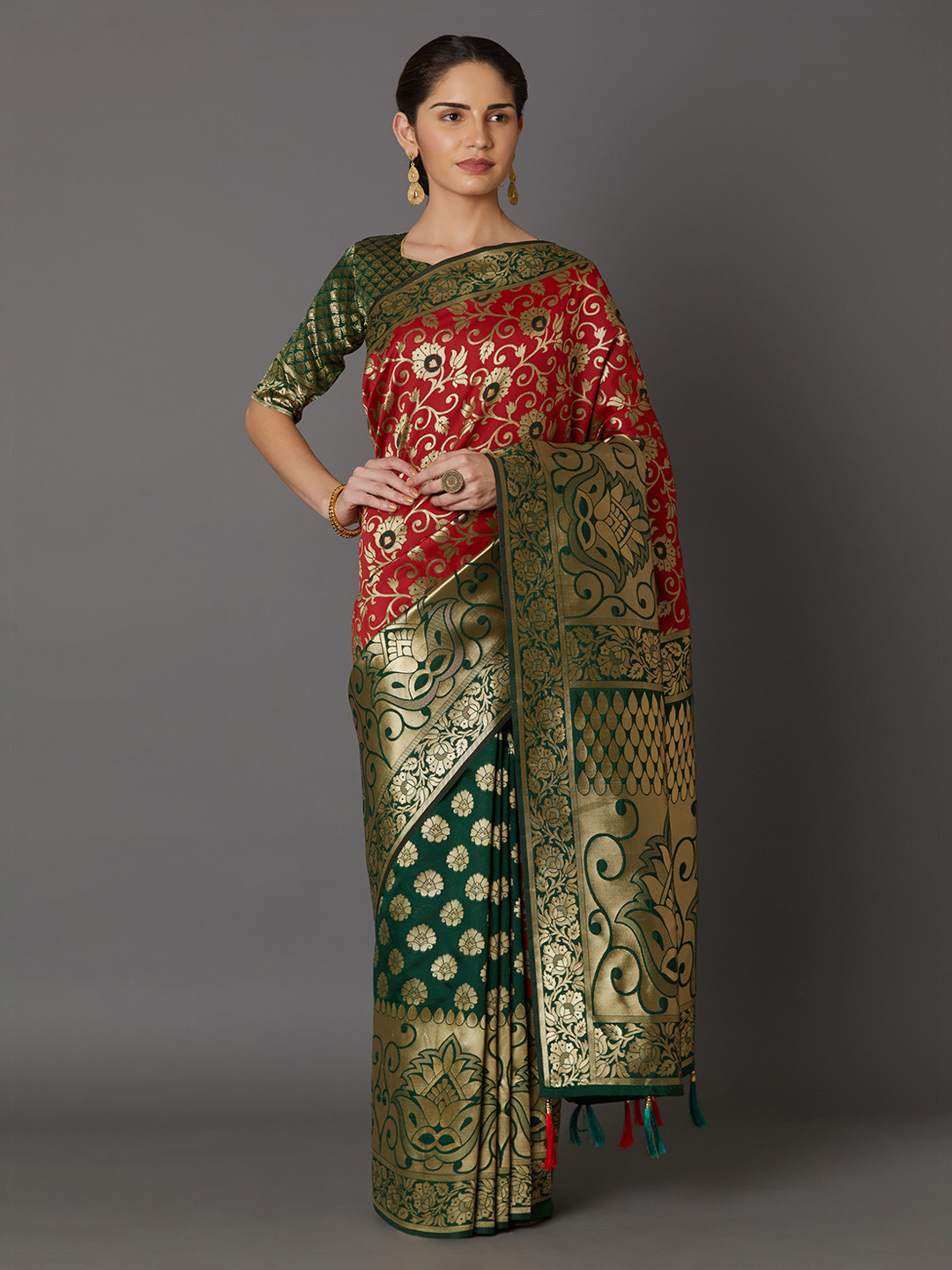 Mitera Red & Green Silk Blend Woven Design Kanjeevaram Saree